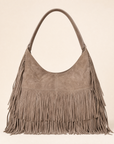 Borsa hobo con frange in ecopelle Taupe - vista frontale
