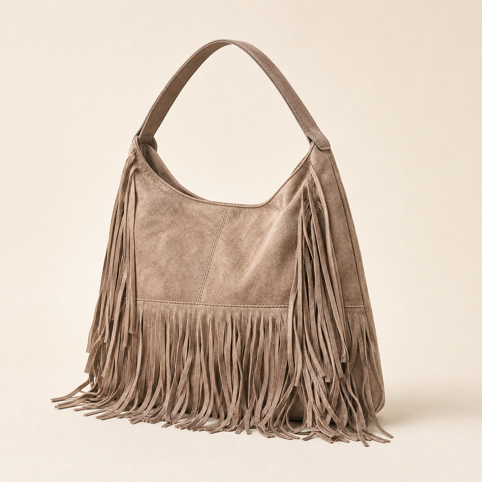 Borsa hobo con frange in ecopelle Taupe - vista tre quarti