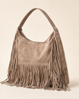 Borsa hobo con frange in ecopelle Taupe - vista tre quarti