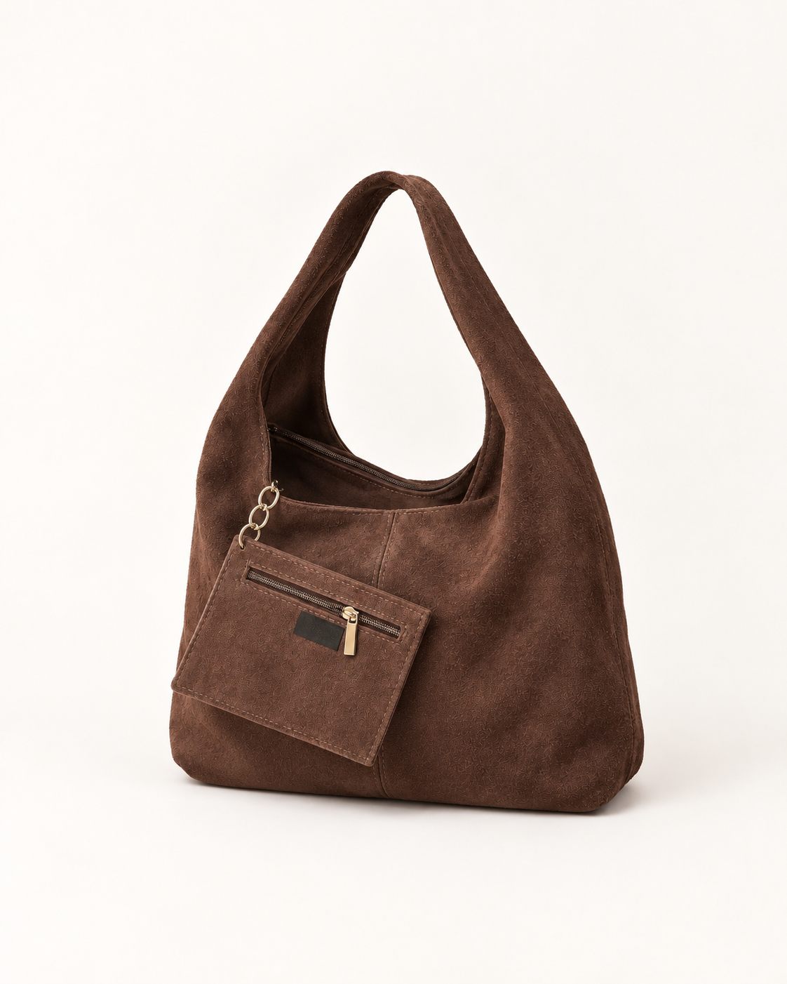 Borsa hobo marrone in vera pelle scamosciata con pochette coordinata inclusa e chiusura con zip