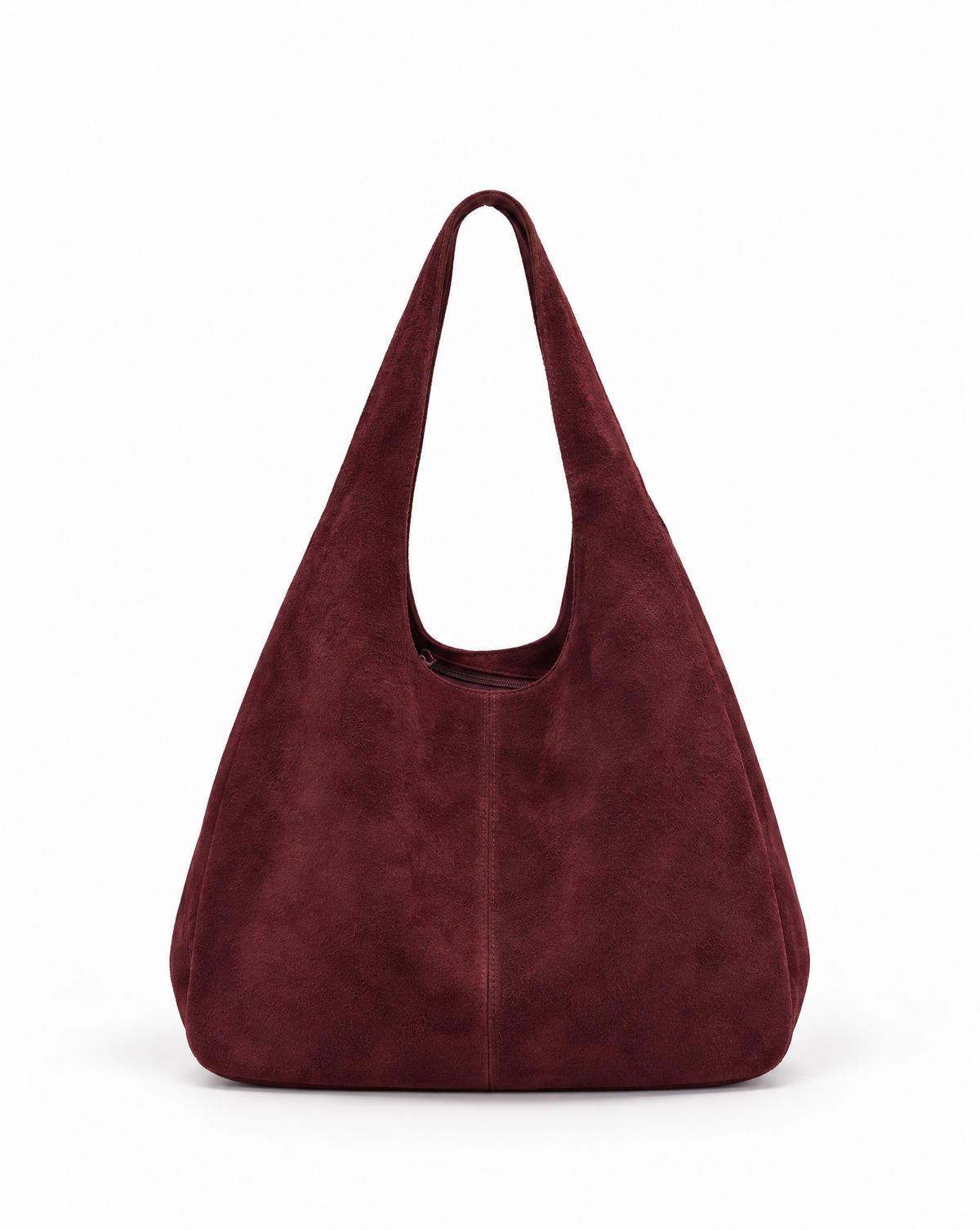 Borsa hobo in vera pelle scamosciata bordeaux con pochette – vista frontale