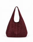 Borsa hobo in vera pelle scamosciata bordeaux con pochette – vista frontale