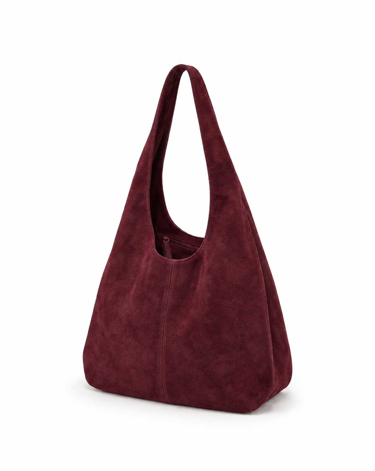 Borsa hobo in vera pelle scamosciata bordeaux con pochette – vista a tre quarti