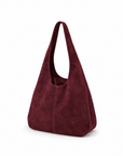 Borsa hobo in vera pelle scamosciata bordeaux con pochette – vista a tre quarti