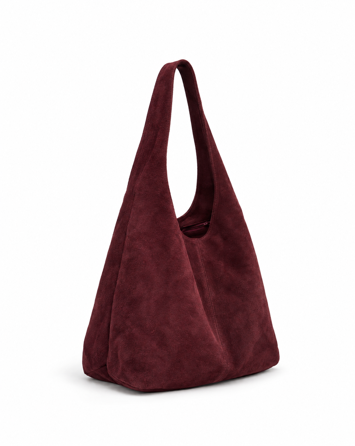 Borsa hobo in vera pelle scamosciata bordeaux con pochette – vista laterale