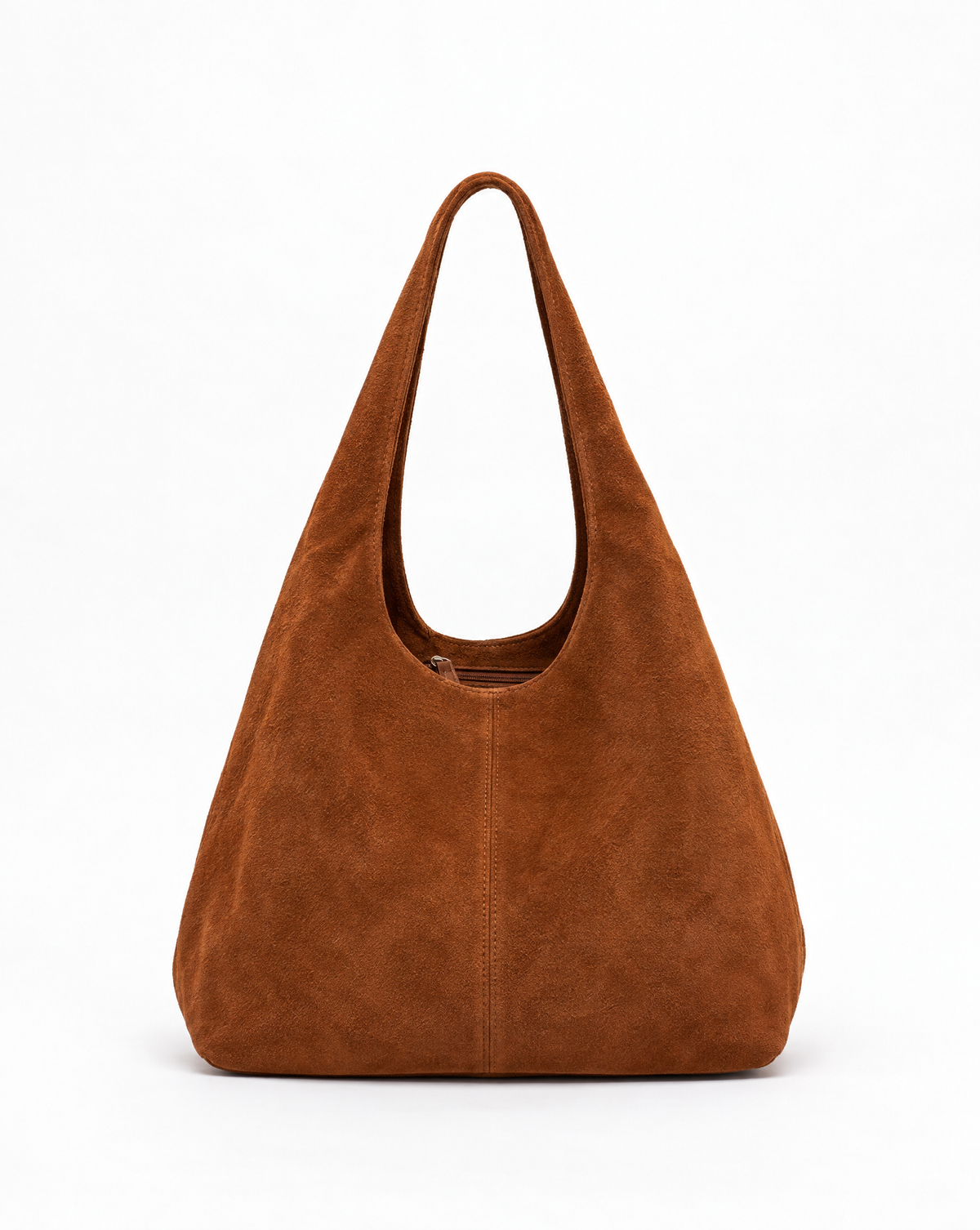 Borsa hobo in vera pelle scamosciata cuoio con pochette – vista frontale