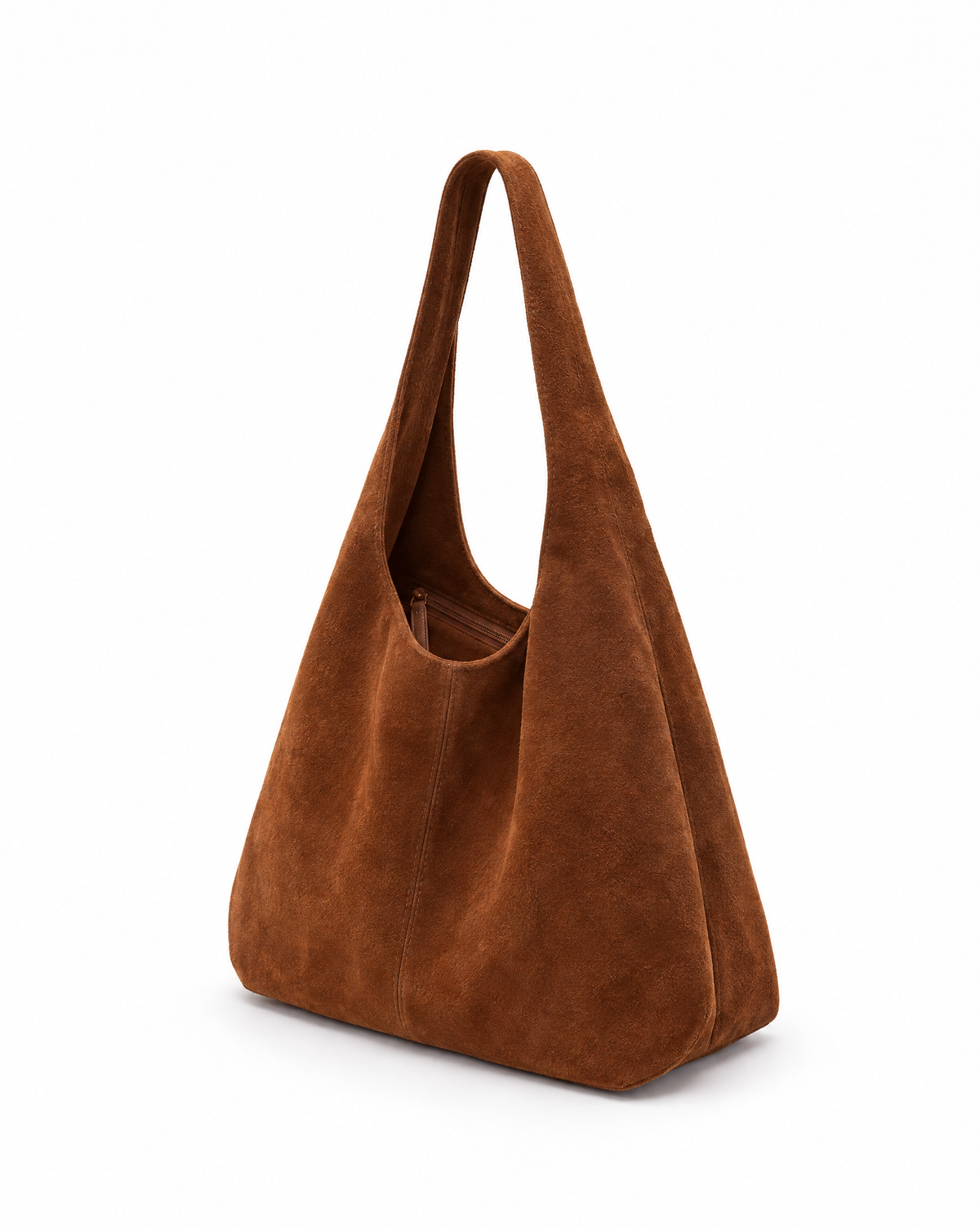 Borsa hobo in vera pelle scamosciata cuoio con pochette – vista laterale