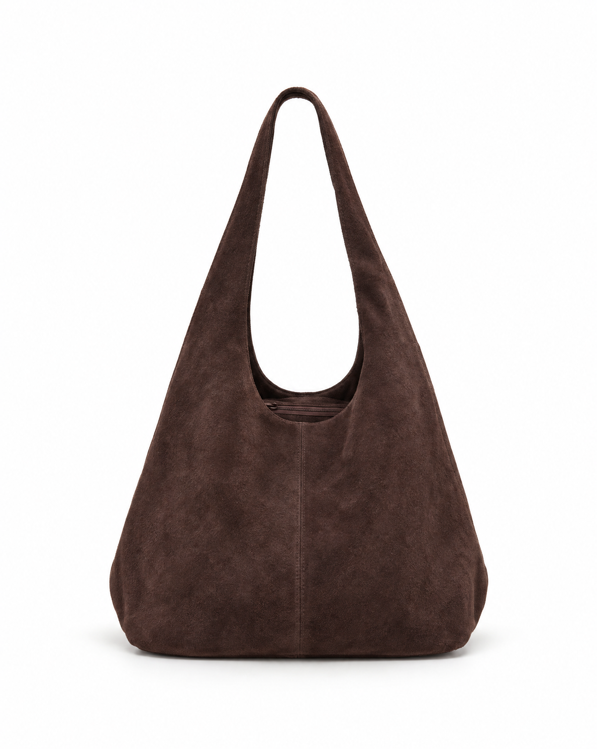 Borsa hobo in vera pelle scamosciata marrone scuro con pochette – vista frontale