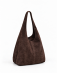 Borsa hobo in vera pelle scamosciata marrone scuro con pochette – vista a tre quarti