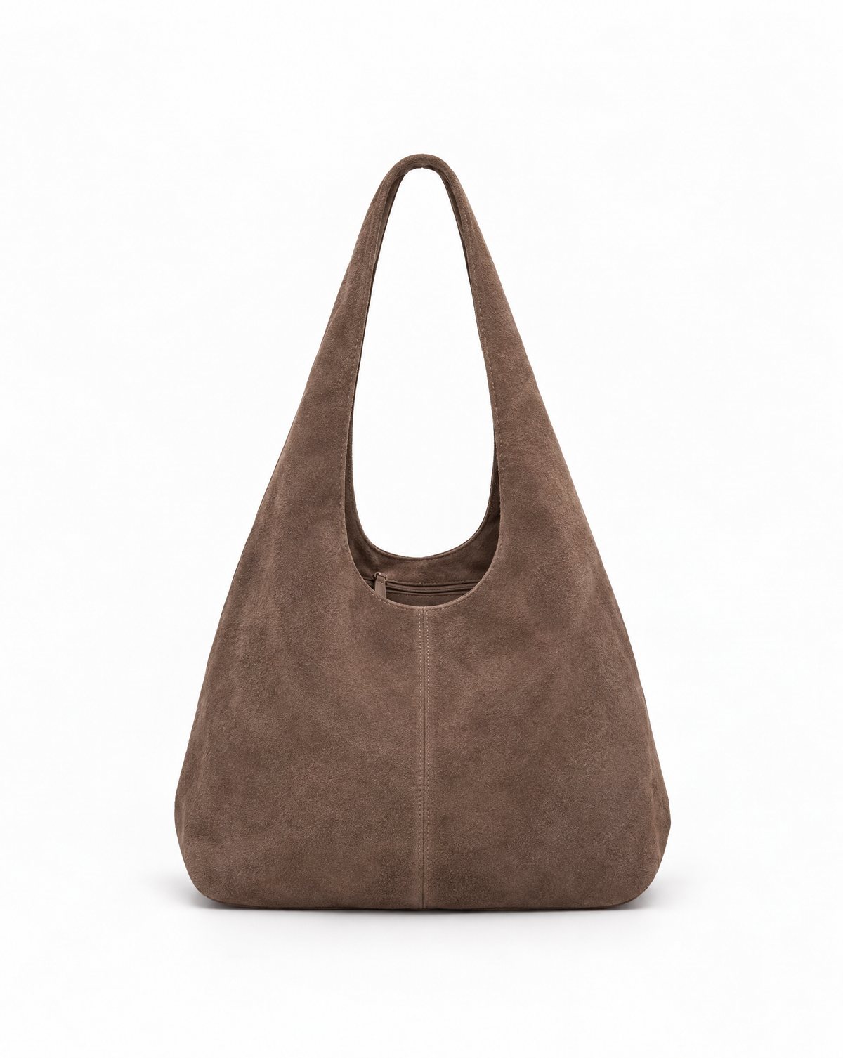 Borsa hobo in vera pelle scamosciata taupe con pochette – vista frontale