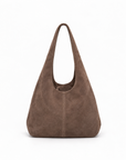 Borsa hobo in vera pelle scamosciata taupe con pochette – vista frontale