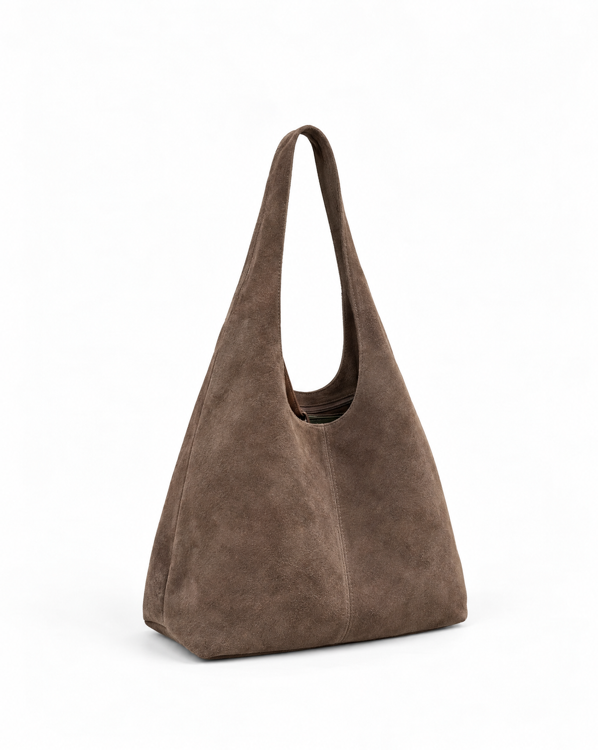 Borsa hobo in vera pelle scamosciata taupe con pochette – vista a tre quarti