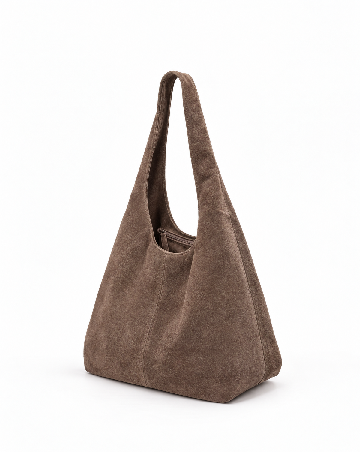 Borsa hobo in vera pelle scamosciata taupe con pochette – vista laterale