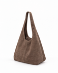 Borsa hobo in vera pelle scamosciata taupe con pochette – vista laterale
