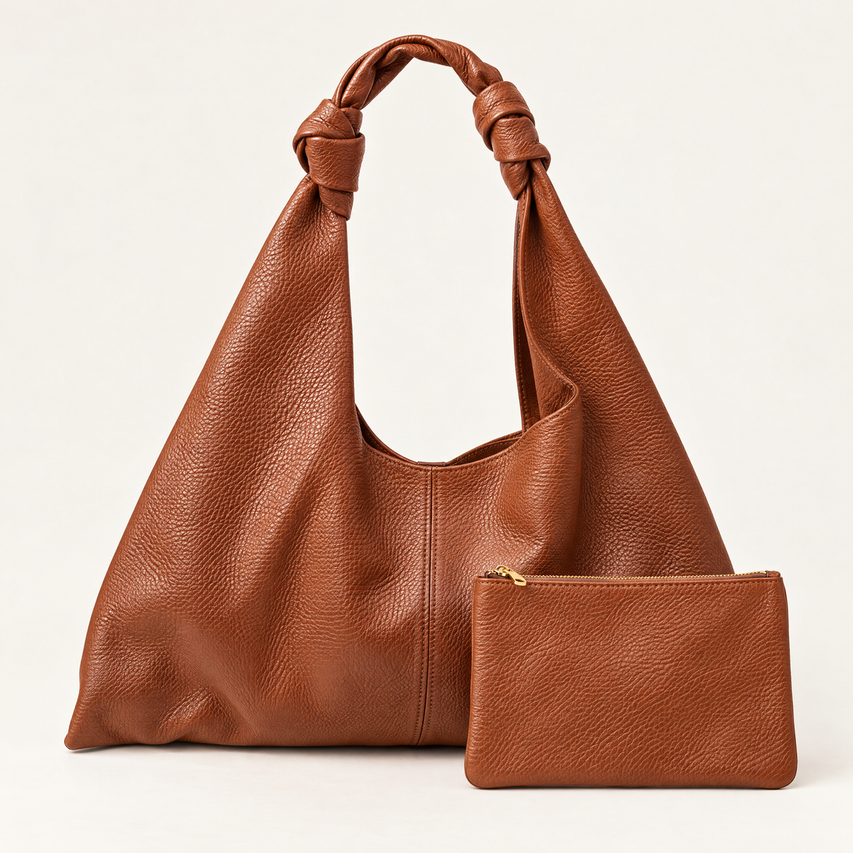 Borsa hobo in vera pelle marrone con manico annodato – con pochette coordinata