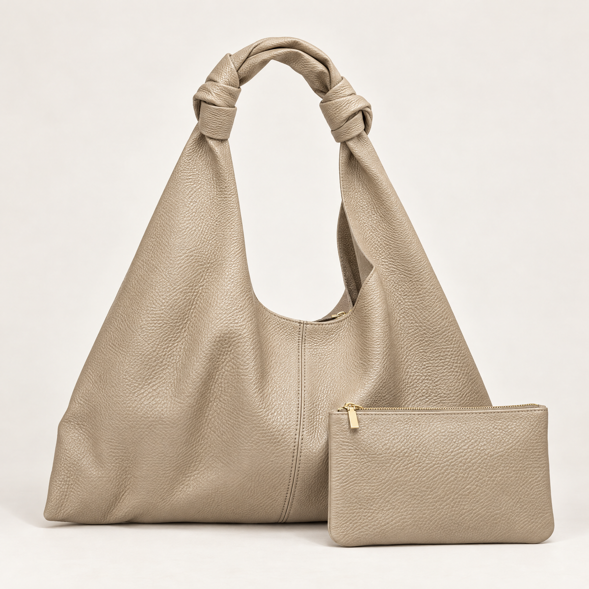 Borsa hobo in vera pelle taupe con manico annodato – con pochette coordinata