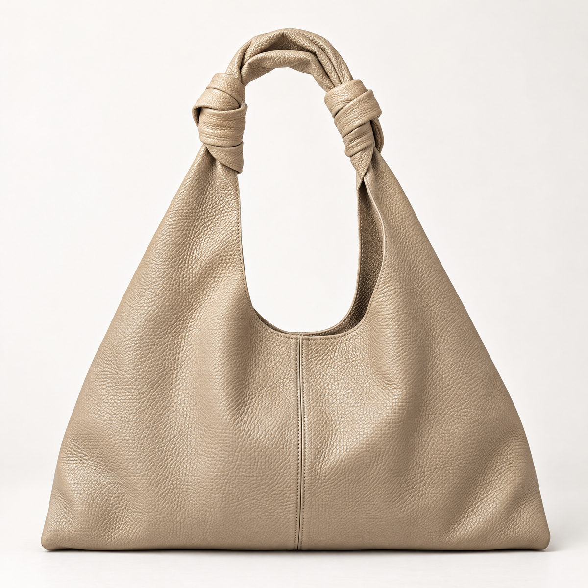 Borsa hobo in vera pelle taupe con manico annodato – vista frontale