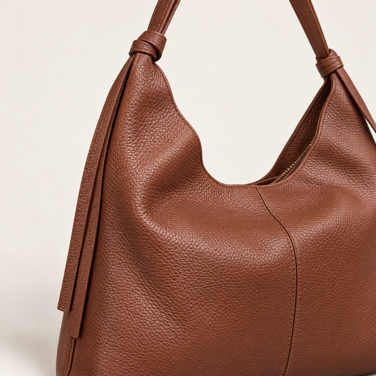Borsa hobo in vera pelle camel con nodi – dettaglio della pelle e dei nodi