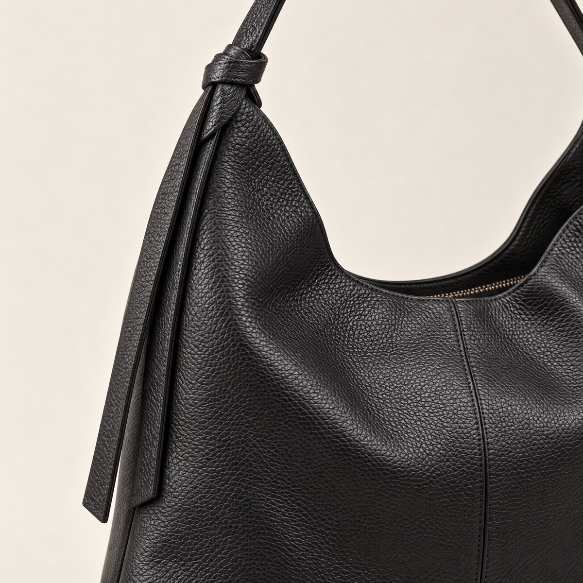 Borsa hobo in vera pelle nera con nodi – dettaglio della pelle e dei nodi