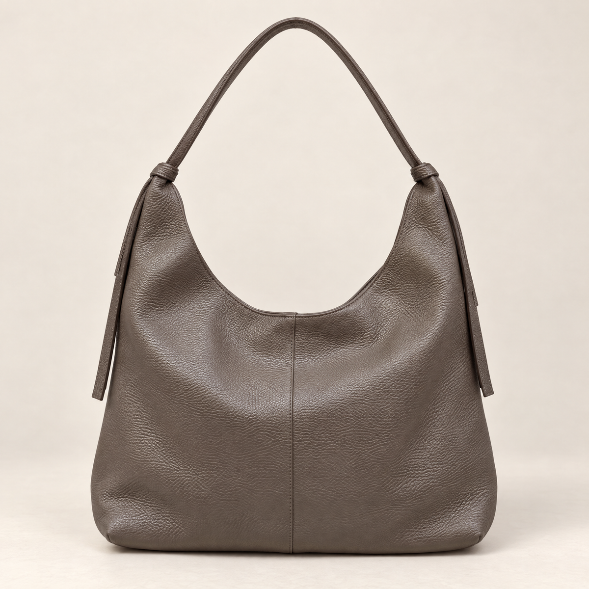 Borsa hobo in vera pelle taupe con nodi – vista frontale