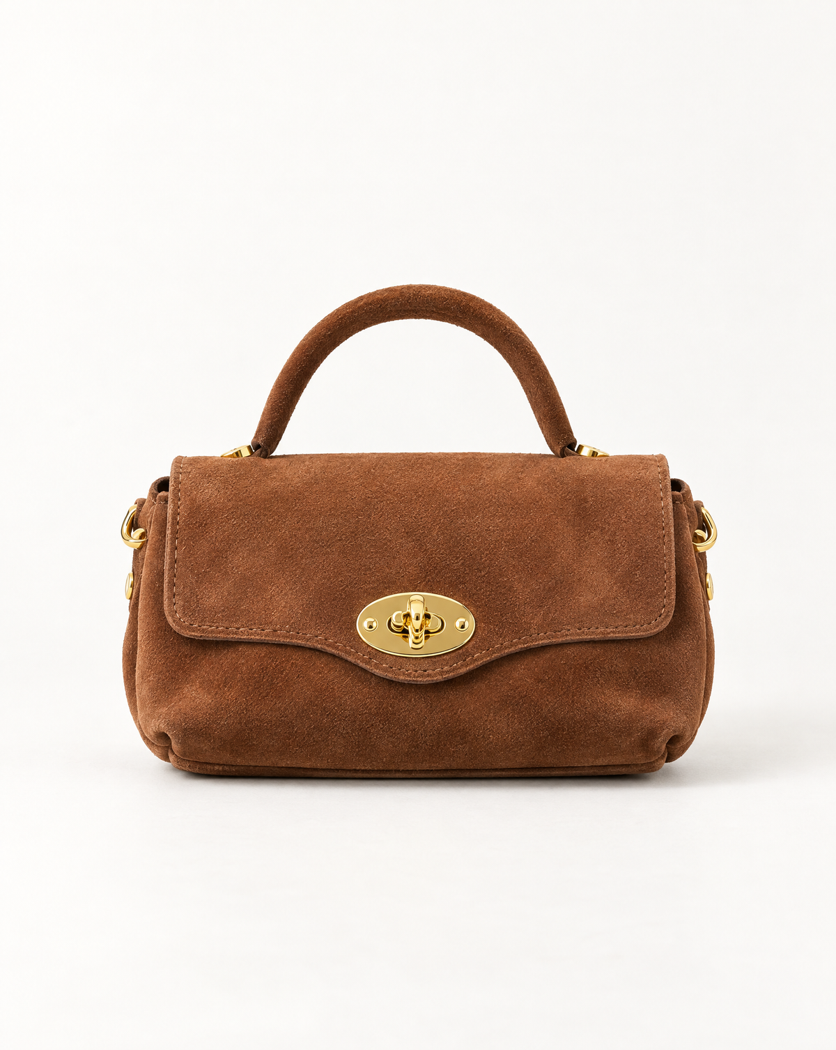 Borsa a mano in vera pelle scamosciata cuoio, vista frontale