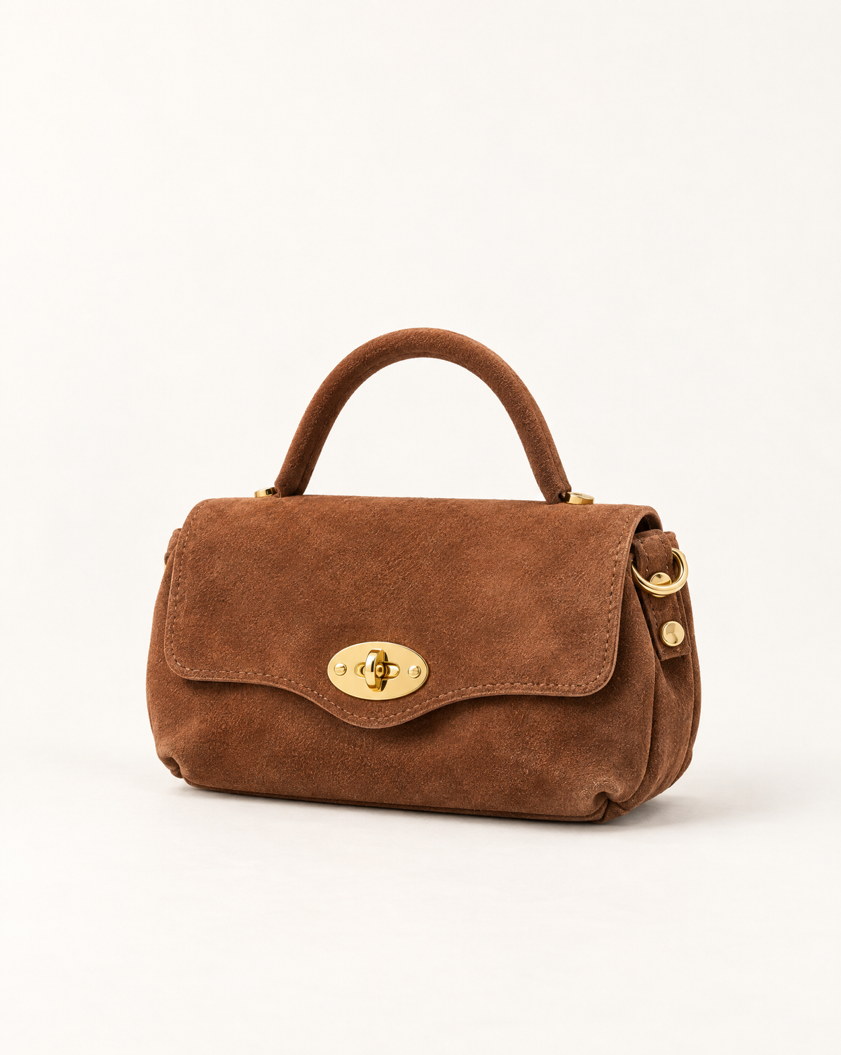 Borsa a mano in vera pelle scamosciata cuoio, vista a tre quarti