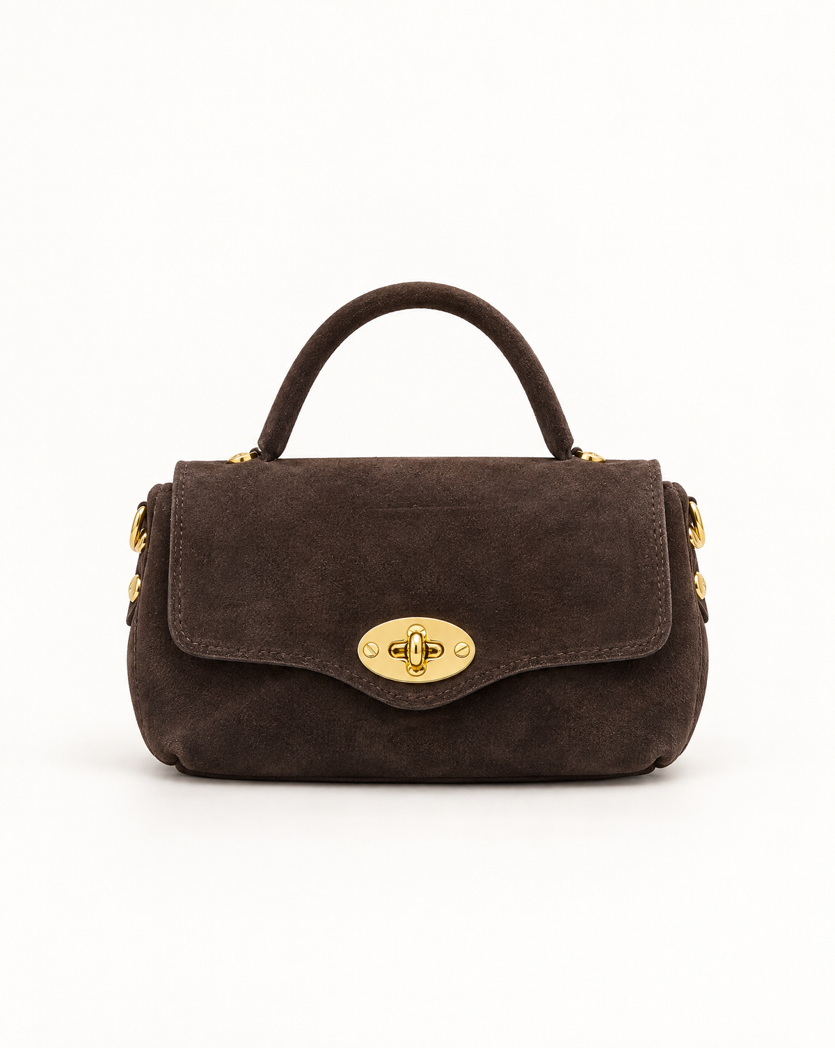 Borsa a mano in vera pelle scamosciata marrone, vista frontale