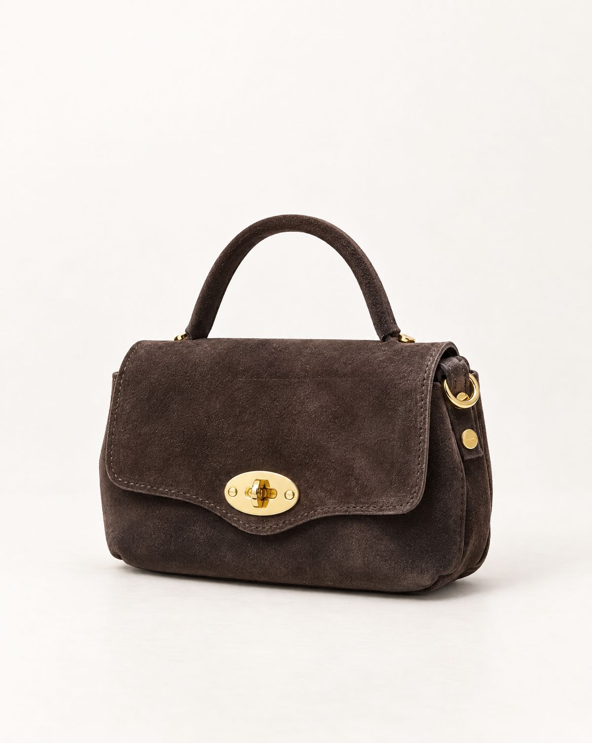 Borsa a mano in vera pelle scamosciata marrone, vista a tre quarti
