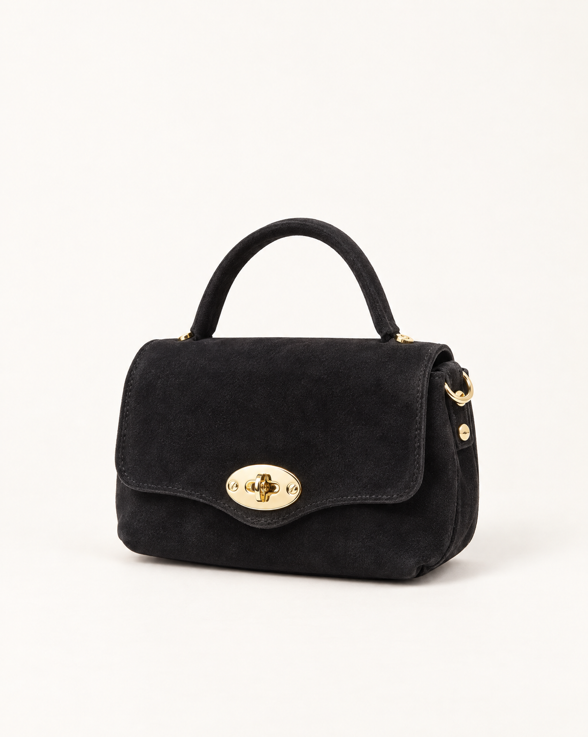 Borsa a mano in vera pelle scamosciata nero, vista a tre quarti