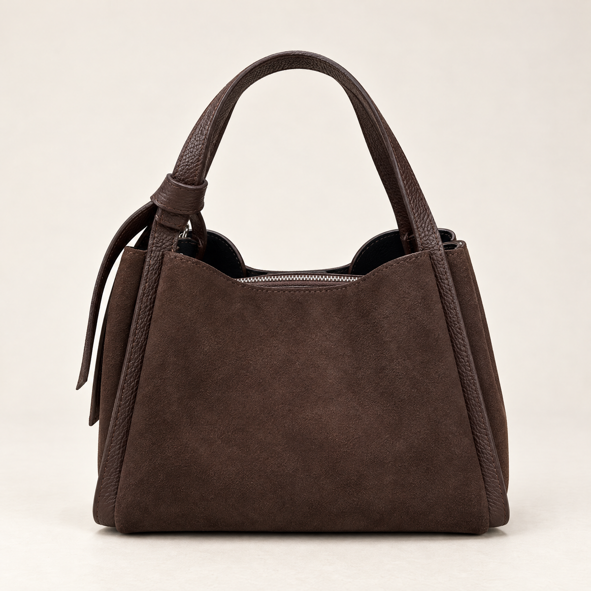 Borsa a mano marrone in vera pelle scamosciata con tracolla – vista frontale