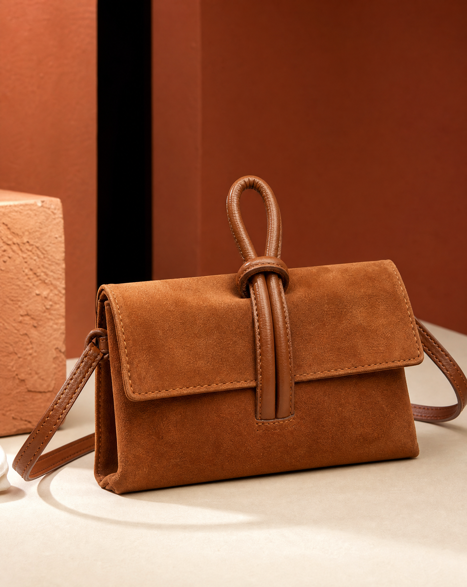Borsa pochette donna camel con nodo, vista singola frontale