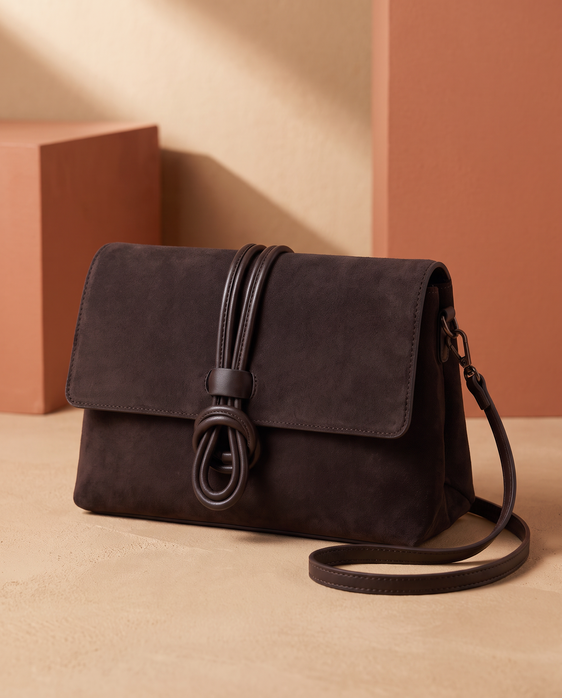 Borsa pochette donna marrone scuro con nodo, vista singola ravvicinata