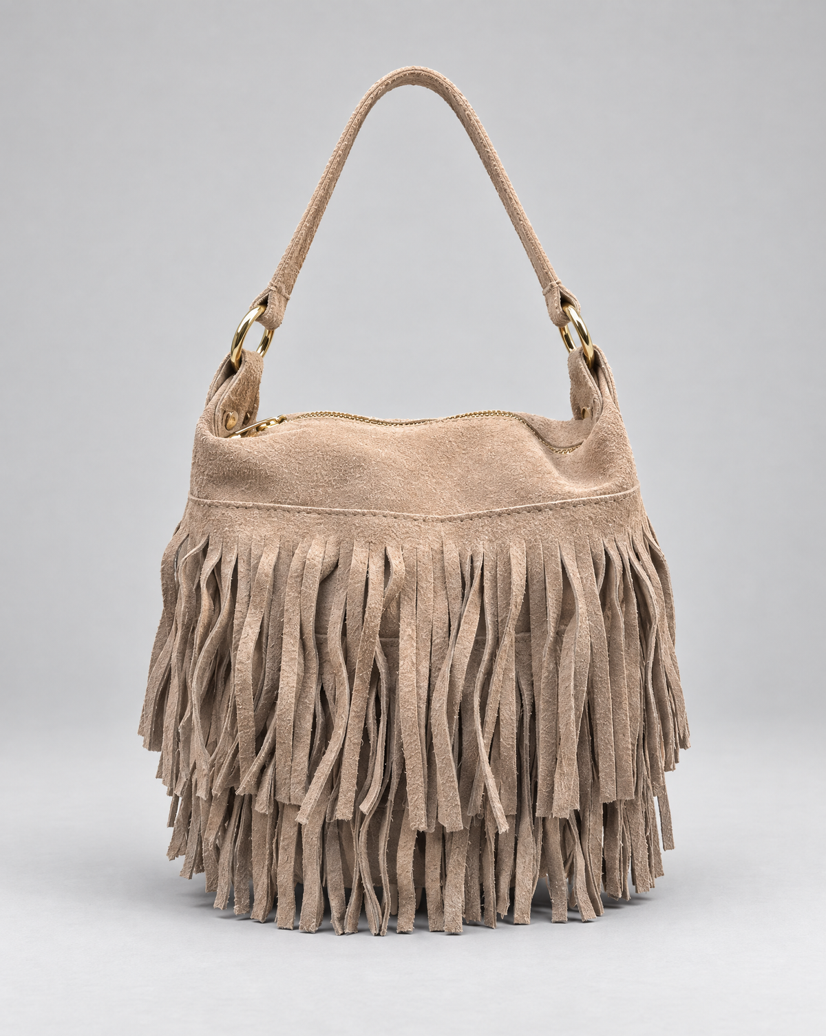 Borsa a secchiello vera pelle con frange — Beige, vista frontale