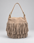 Borsa a secchiello vera pelle con frange — Beige, vista frontale