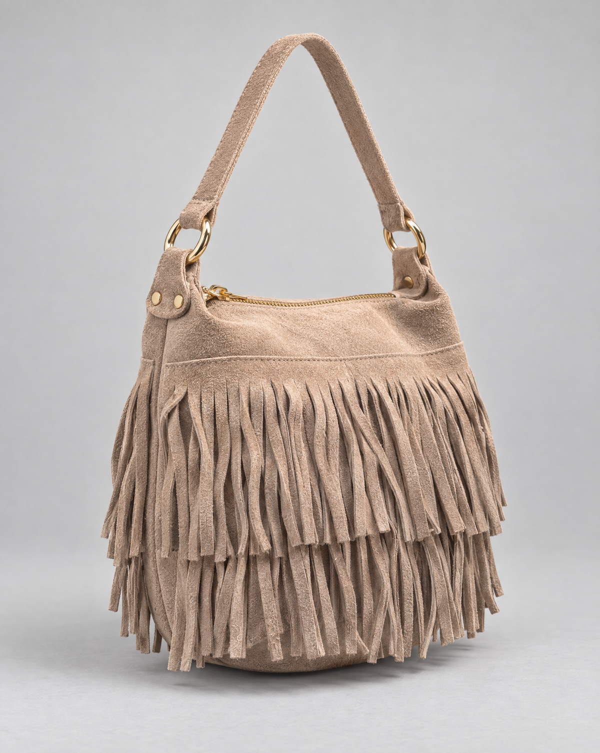 Borsa a secchiello vera pelle con frange — Beige, vista tre quarti