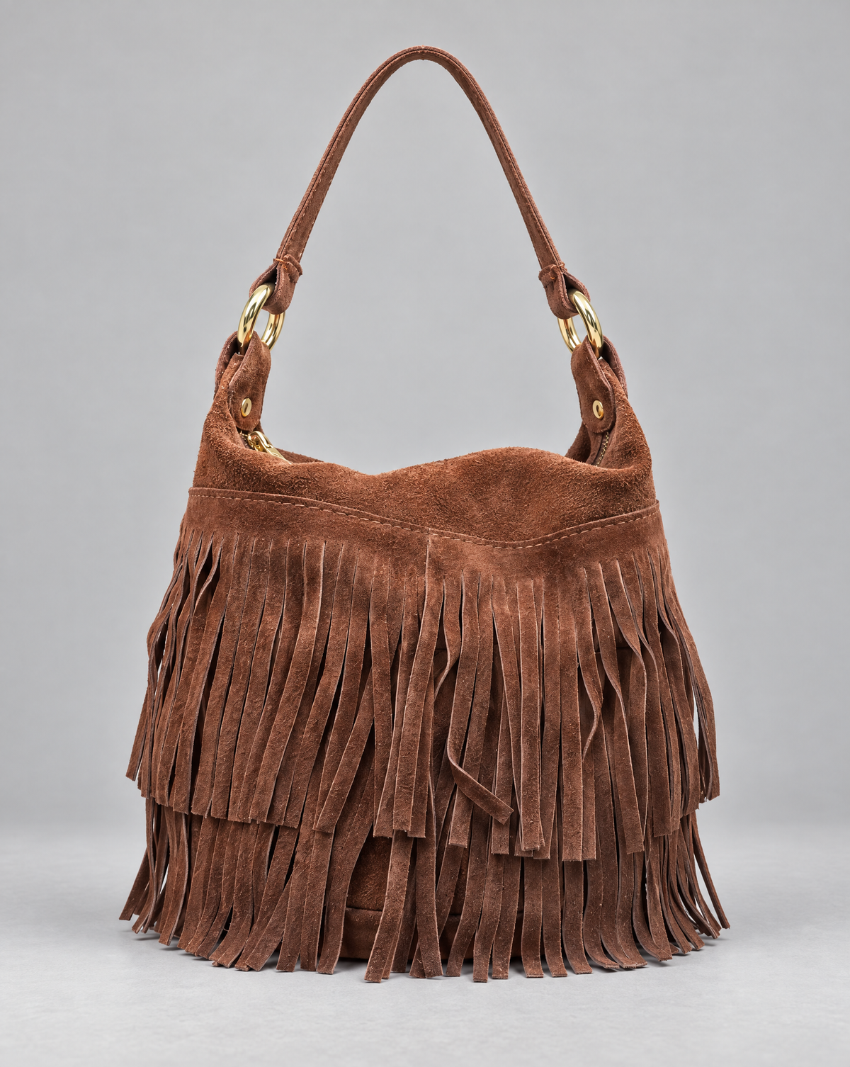Borsa a secchiello vera pelle con frange — Camel, vista frontale