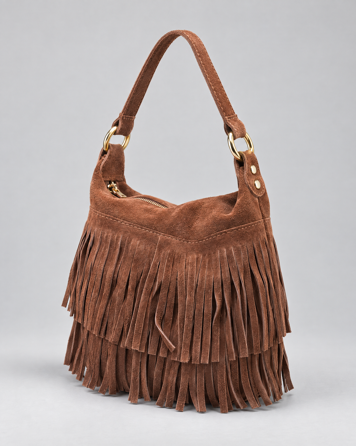 Borsa a secchiello vera pelle con frange — Camel, vista tre quarti