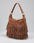 Borsa a secchiello vera pelle con frange — Camel, vista tre quarti