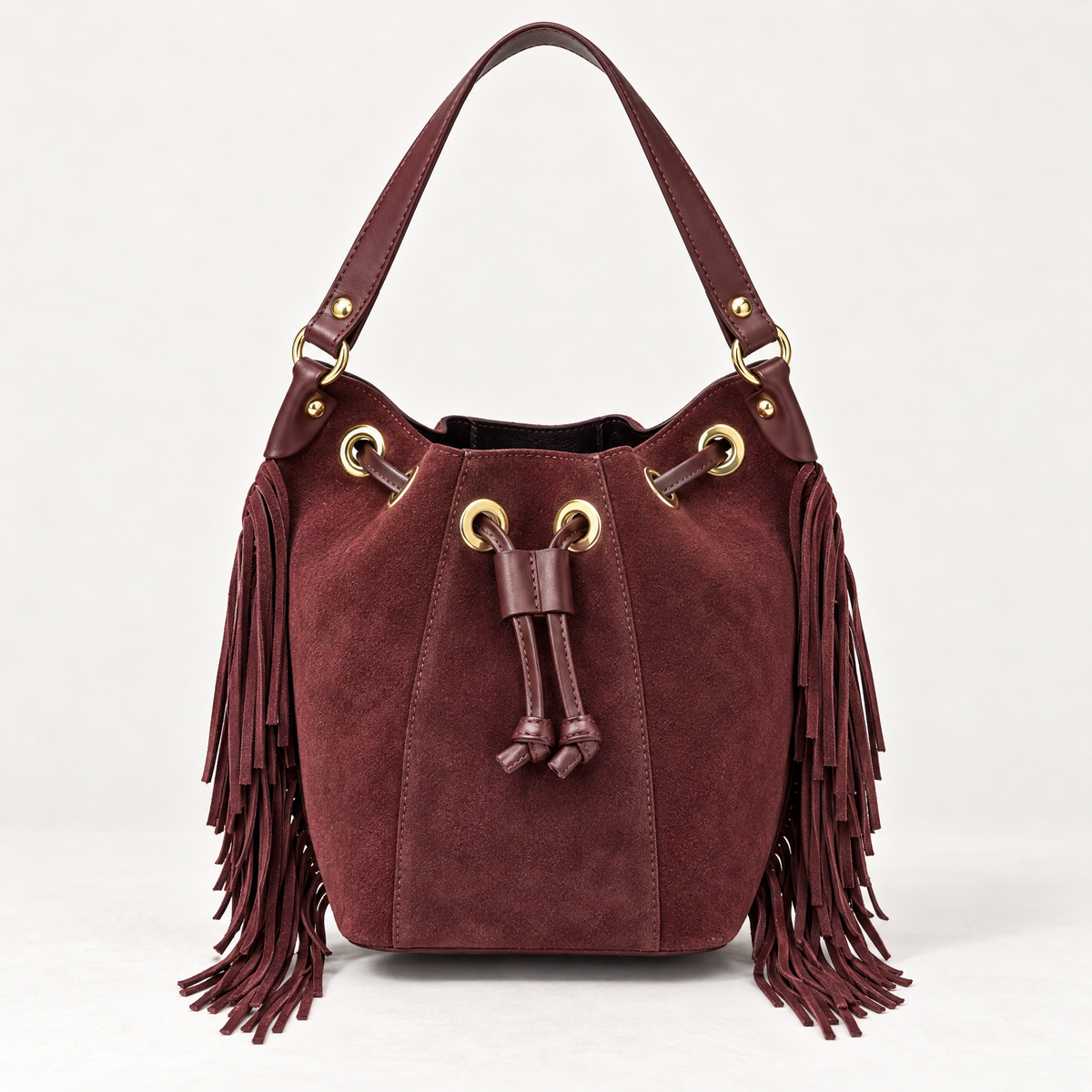 Borsa secchiello in vera pelle scamosciata bordeaux con frange - vista frontale