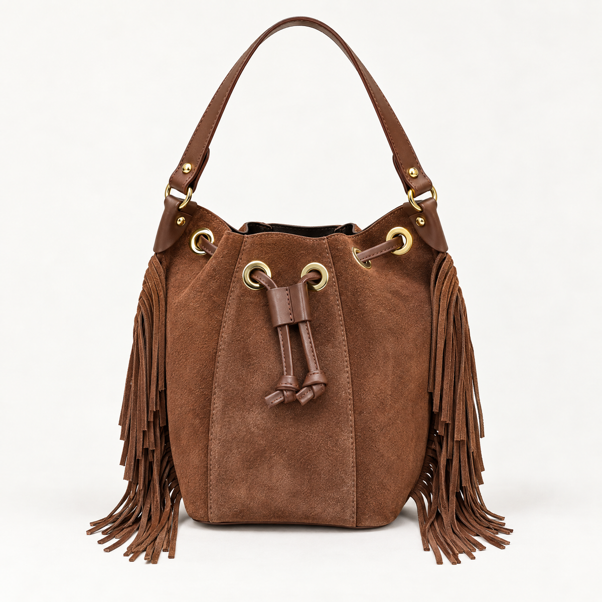 Borsa secchiello in vera pelle scamosciata cuoio con frange - vista frontale