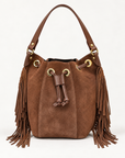 Borsa secchiello in vera pelle scamosciata cuoio con frange - vista frontale