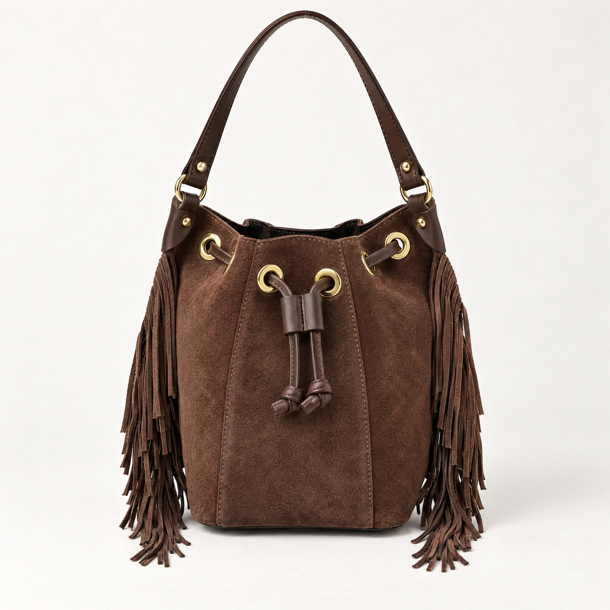 Borsa secchiello in vera pelle scamosciata marrone con frange - vista frontale