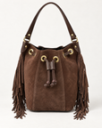 Borsa secchiello in vera pelle scamosciata marrone con frange - vista frontale