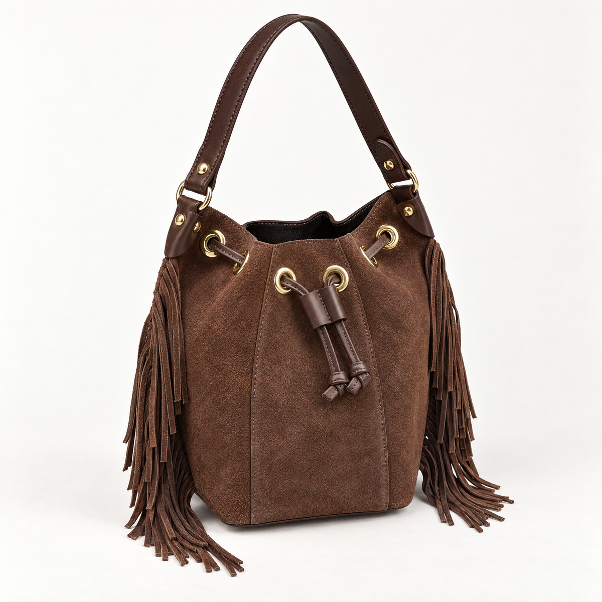 Borsa secchiello in vera pelle scamosciata marrone con frange - vista tre quarti