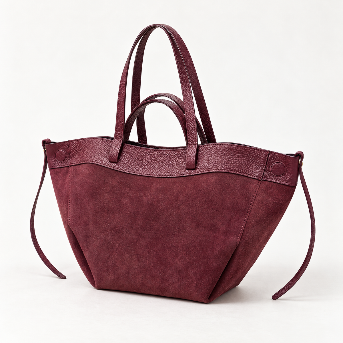 Borsa shopper in vera pelle scamosciata bordeaux - vista tre quarti