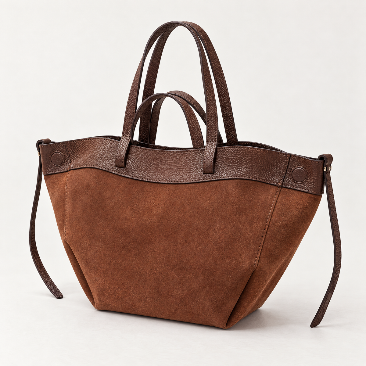 Borsa shopper in vera pelle scamosciata cuoio - vista tre quarti