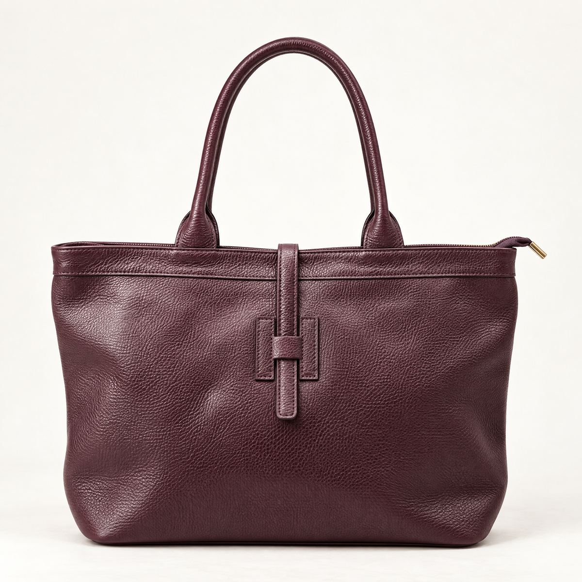 Borsa shopper in vera pelle martellata bordeaux con doppi manici – vista frontale