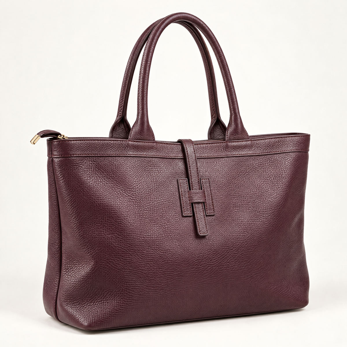 Borsa shopper in vera pelle martellata bordeaux con doppi manici – vista a tre quarti