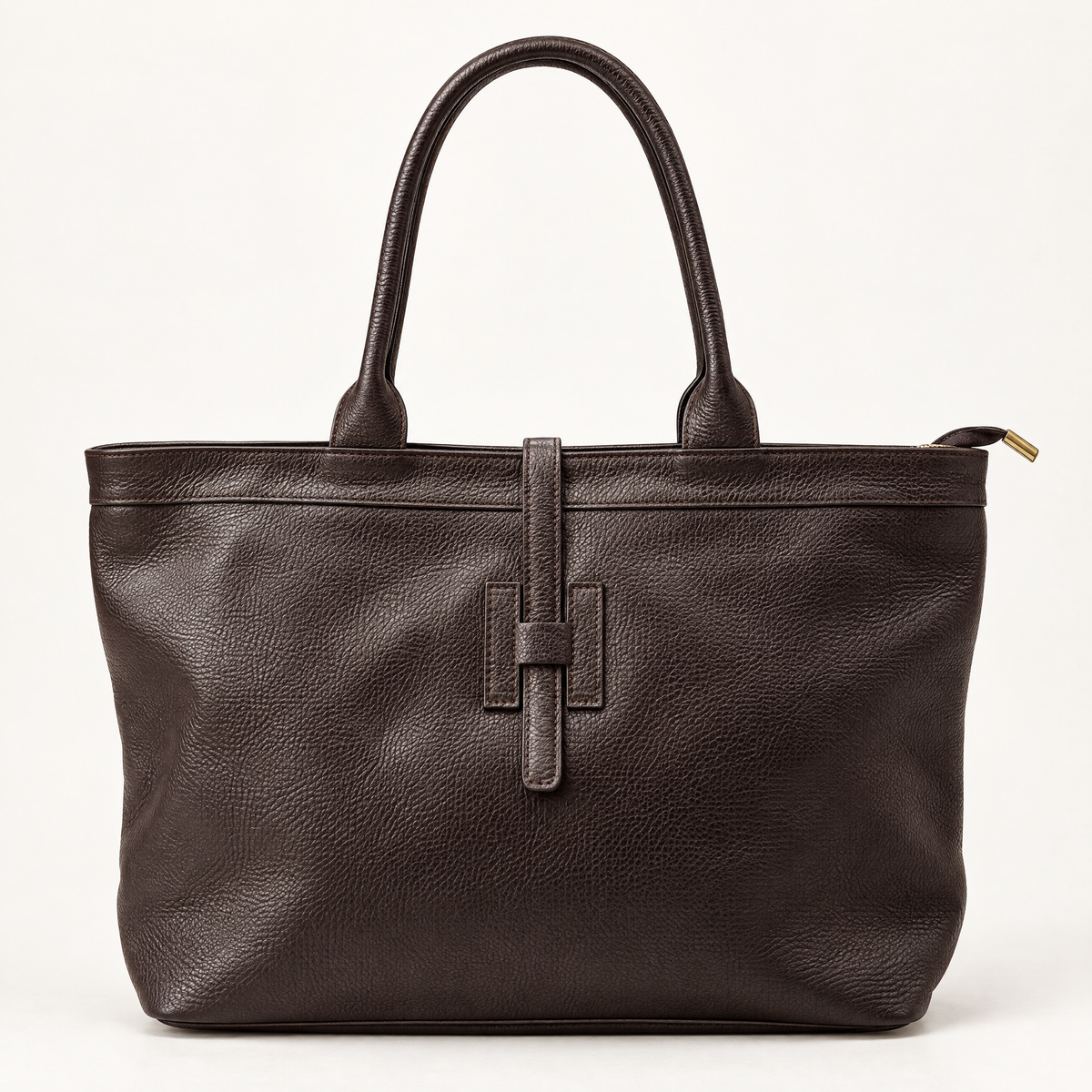Borsa shopper in vera pelle martellata marrone con doppi manici – vista frontale