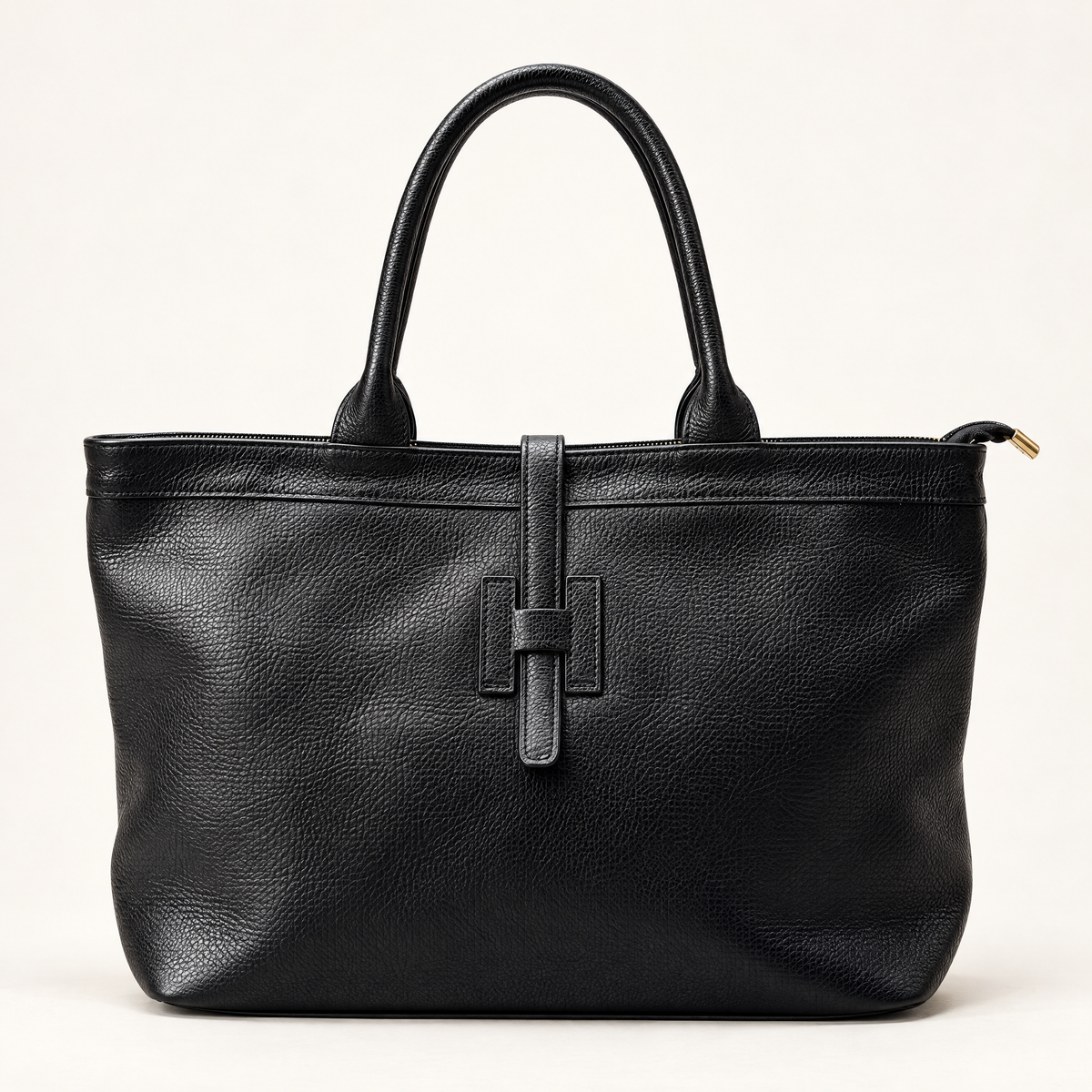Borsa shopper in vera pelle martellata nero con doppi manici – vista frontale
